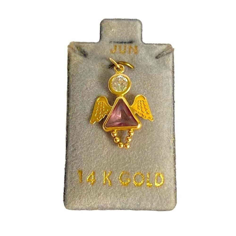 14K Gold Angel Pendant Charm June Birthstone Faux Alexandrite CZ Pink Purple